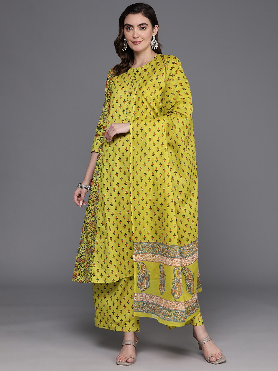 

Indo Era Floral Printed Panelled Pure Cotton Kurta with Palazzos & Dupatta, Lime green