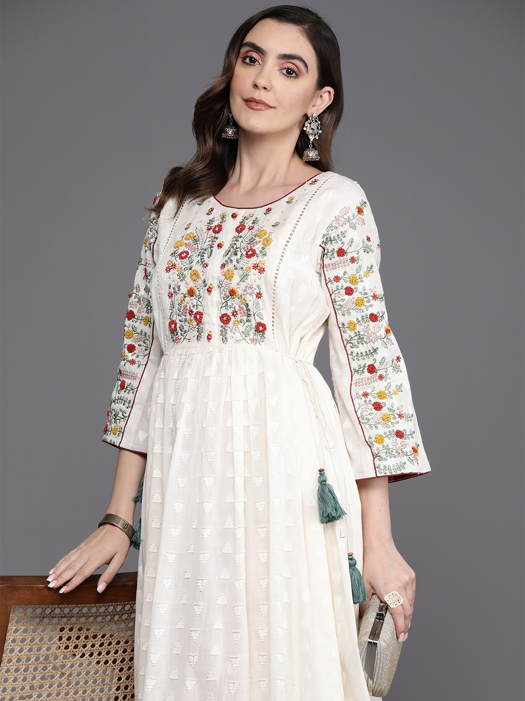 

Indo Era Floral Embroidered Fit & Flare Ethnic Maxi Dress, White