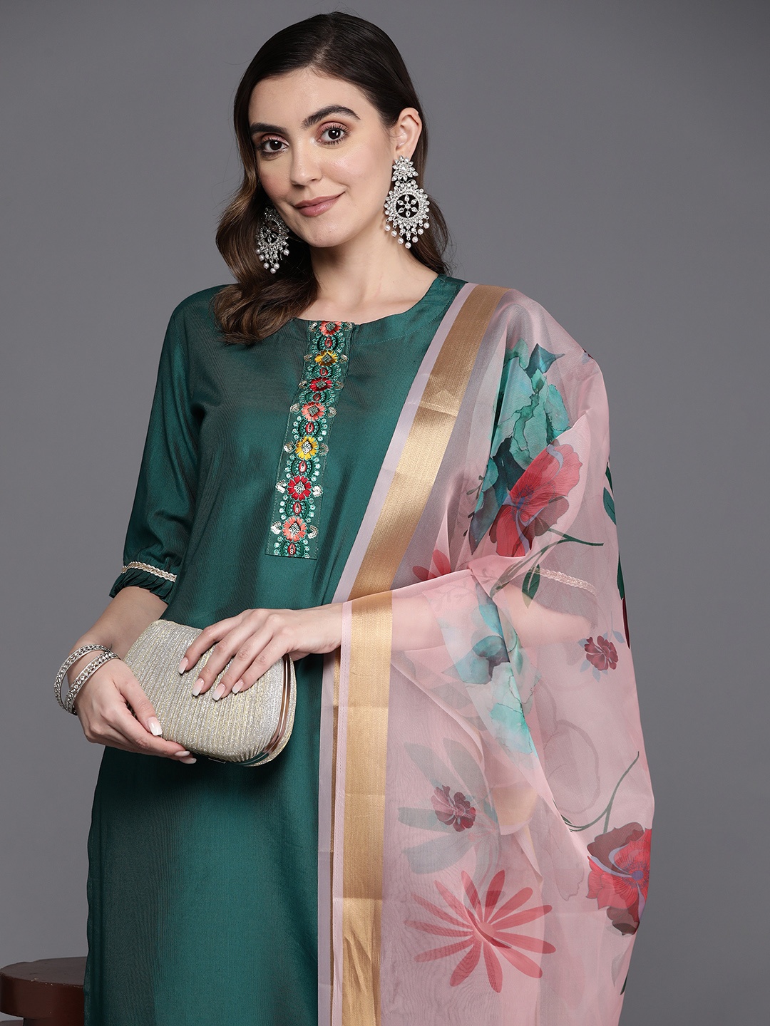 

Indo Era Floral Embroidered Regular Thread Work Liva Kurta with Palazzos & Dupatta, Teal