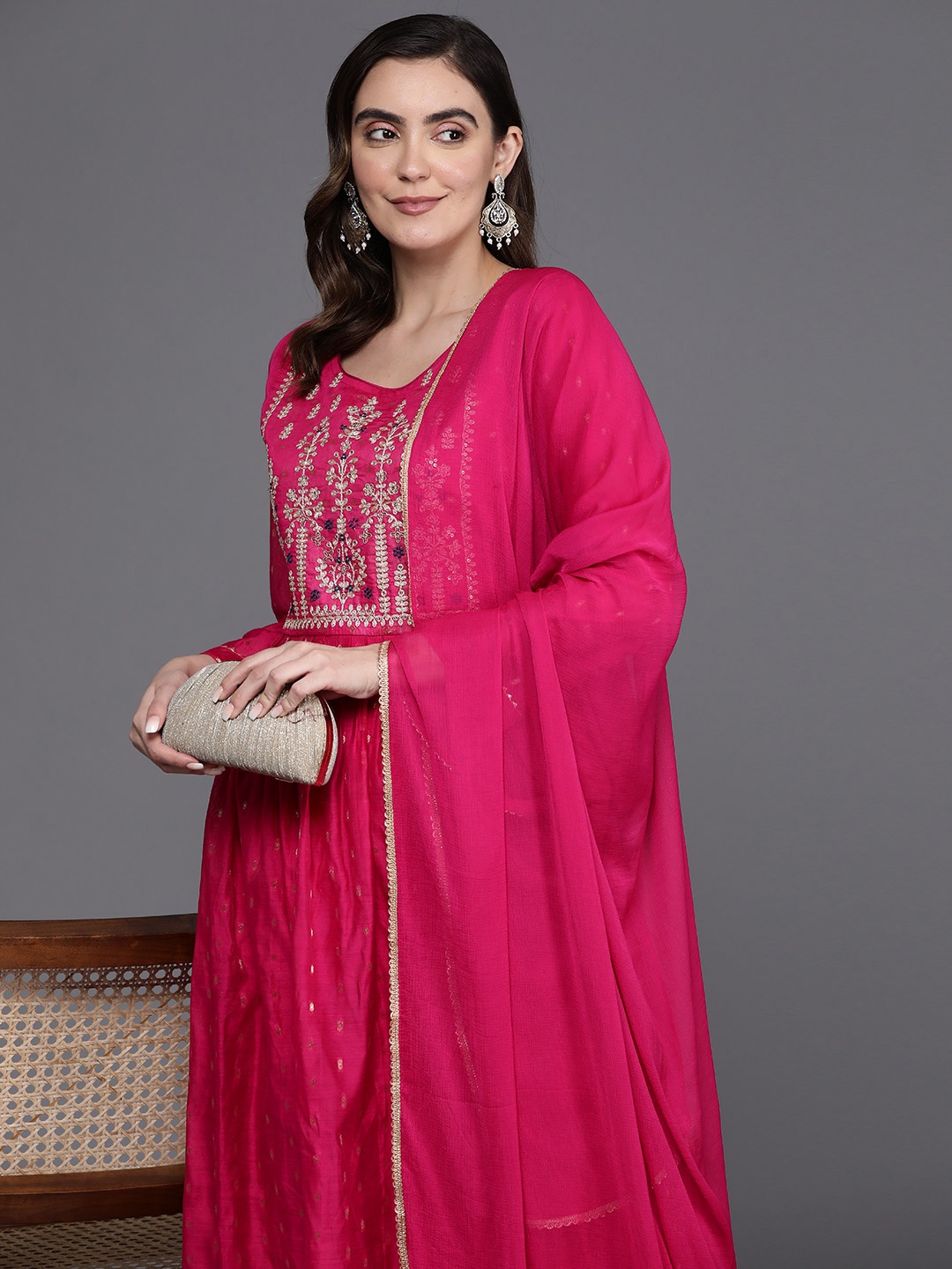 

Indo Era Embroidered Empire Sequinned Chanderi Silk Kurta with Trousers & Dupatta, Pink