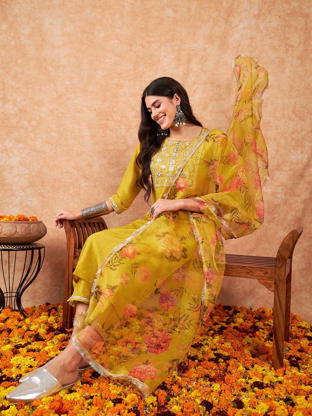

Indo Era Floral Embroidered Chanderi Silk Kurta with Trousers & Dupatta, Yellow