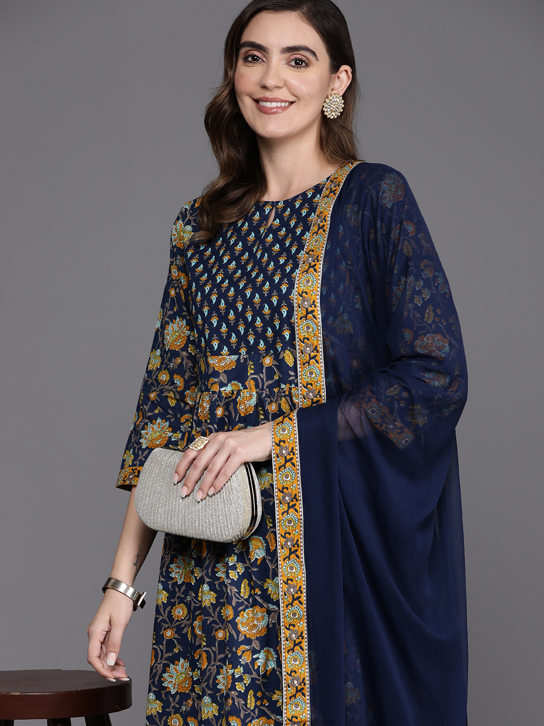 

Indo Era Women Floral Printed Empire Pure Cotton Kurta with Trousers & With Dupatta, Navy blue