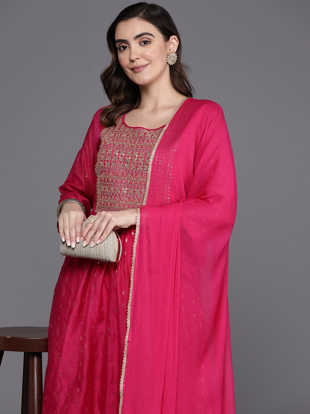 

Indo Era Embroidered Empire Sequinned Chanderi Silk Kurta with Trousers & Dupatta, Pink