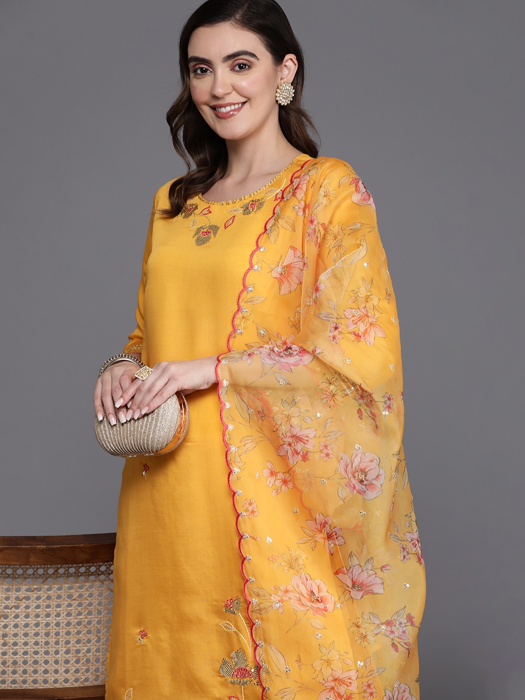 

Indo Era Floral Embroidered Sequinned Kurta with Trousers & Dupatta, Yellow