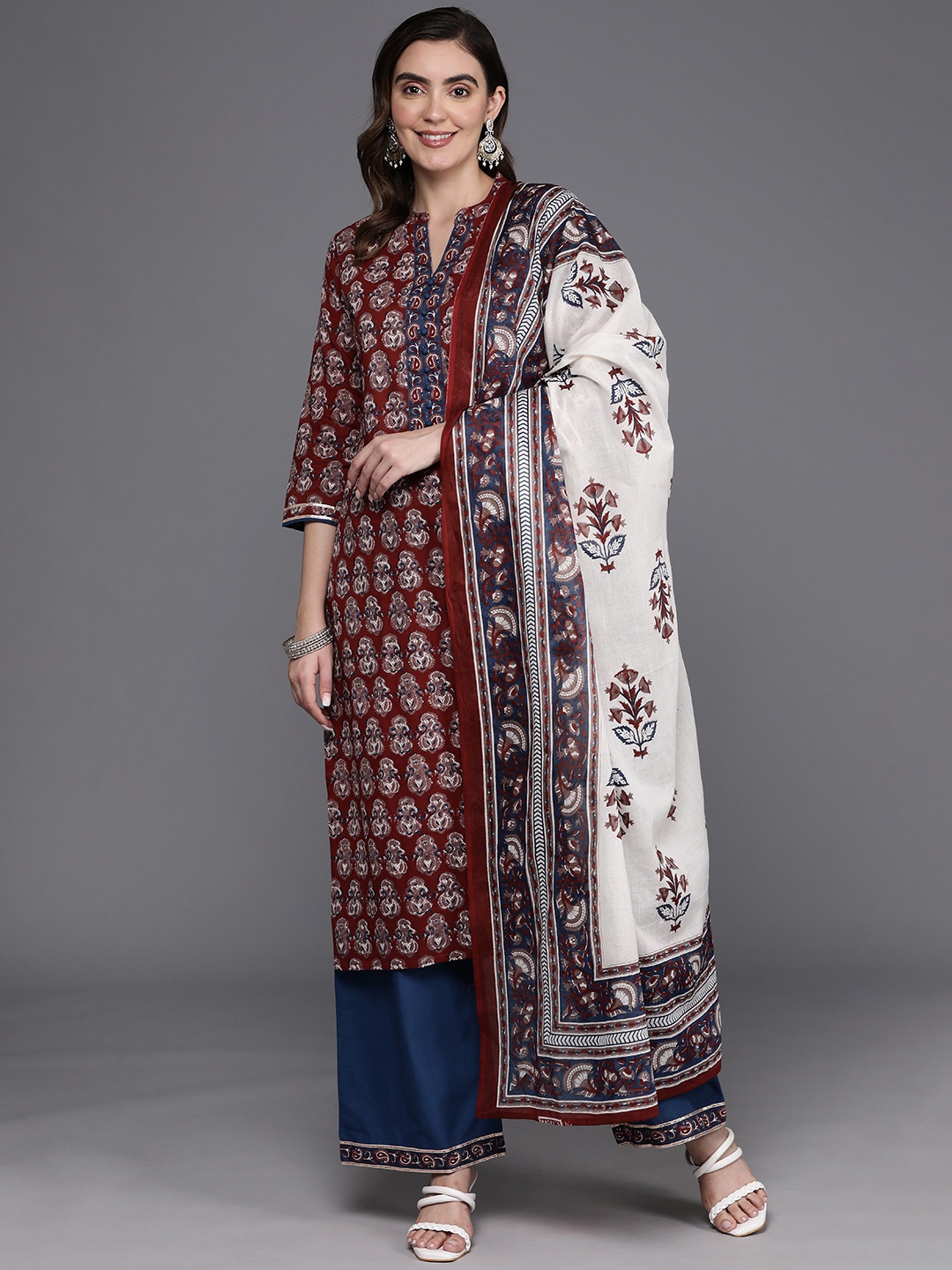 

Indo EraEthnic Motifs Printed Pure Cotton Kurta with Palazzos & Dupatta, Maroon