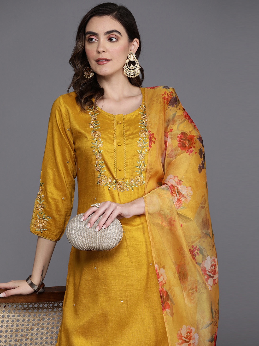 

Indo Era Floral Embroidered Thread Work Kurta with Trousers & Dupatta, Mustard