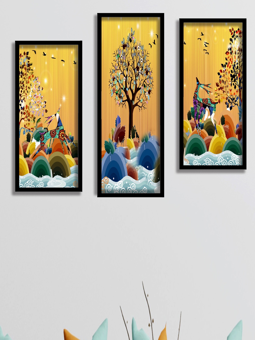 

SAF Yellow & Blue 3 Pieces Deer and Tree Abstract Painting Water Proof Wall Arts