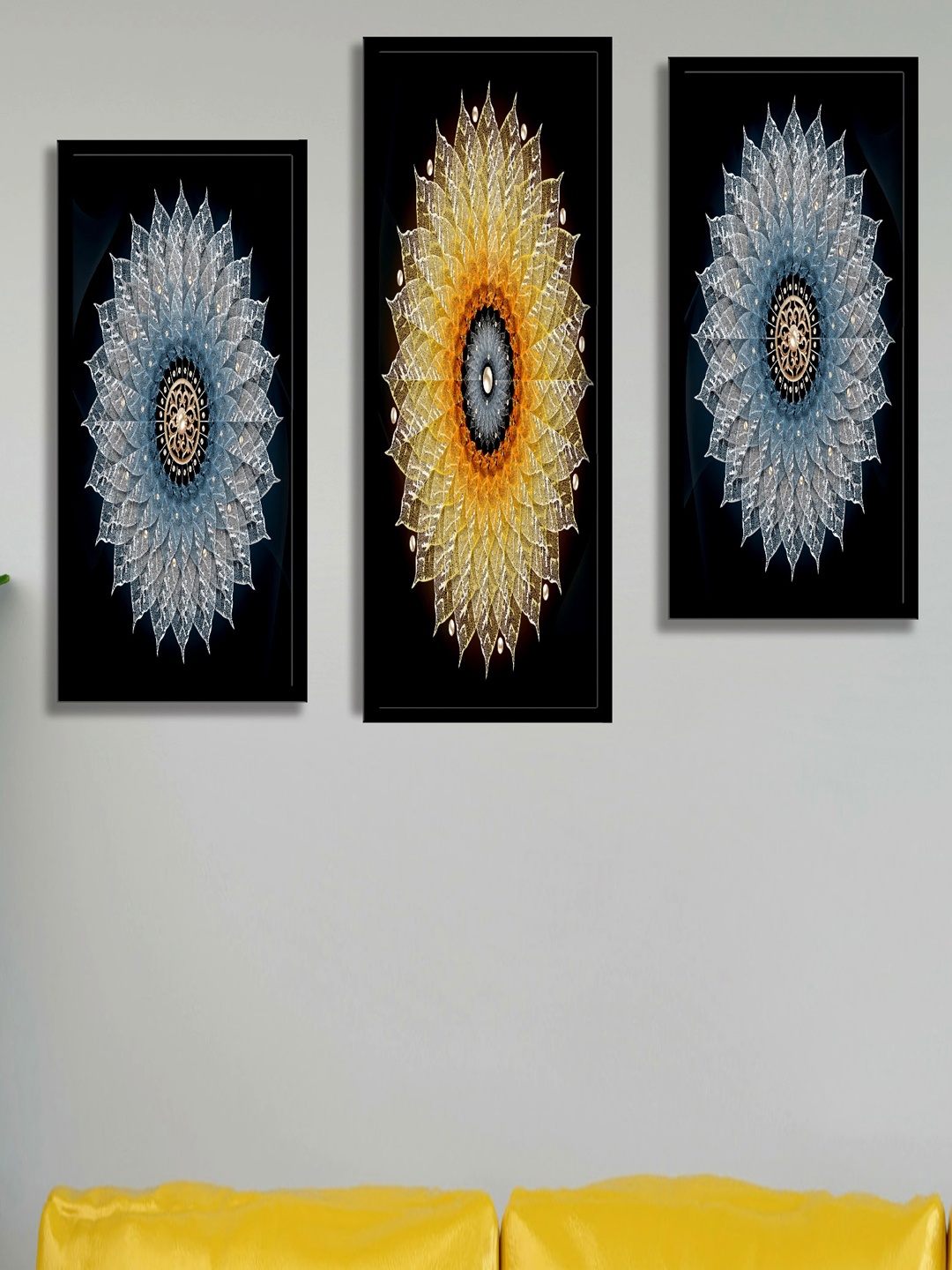 

SAF Black & Yellow 3 Pieces Flower Painting Water Proof Wall Arts