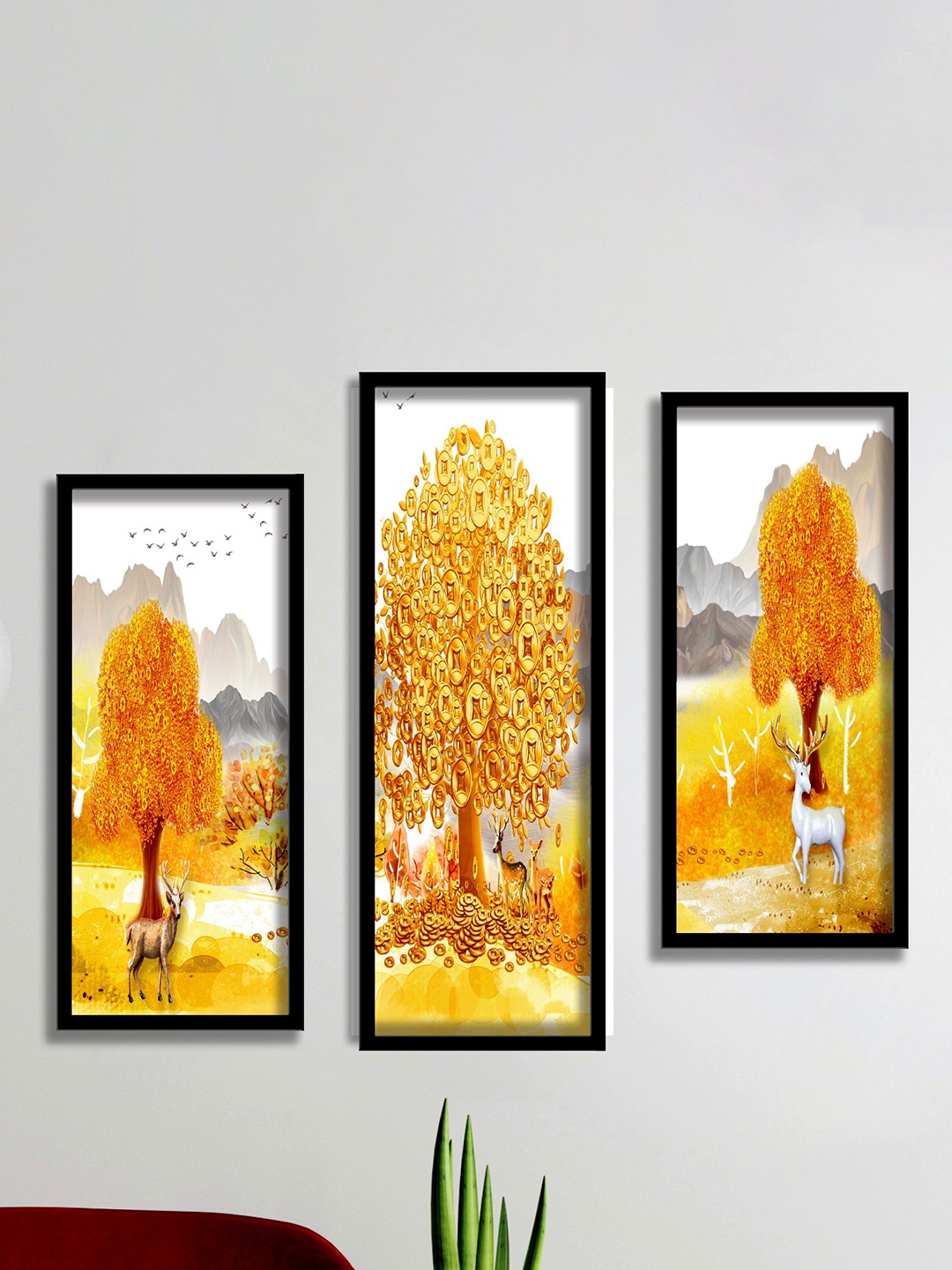 

SAF White & Yellow 3 Pieces Tree And Deer Painting Wall Art