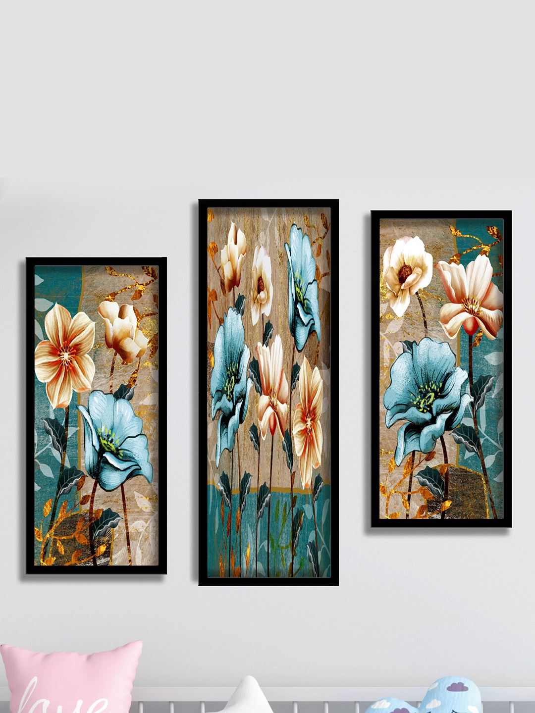 

SAF Blue & Beige 3 Pieces Flower Painting Water Proof Wall Arts
