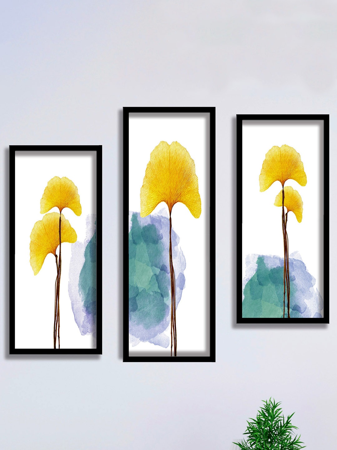 

SAF White & Yellow 3 Pieces Tropical Leaves Painting Water Proof Wall Arts