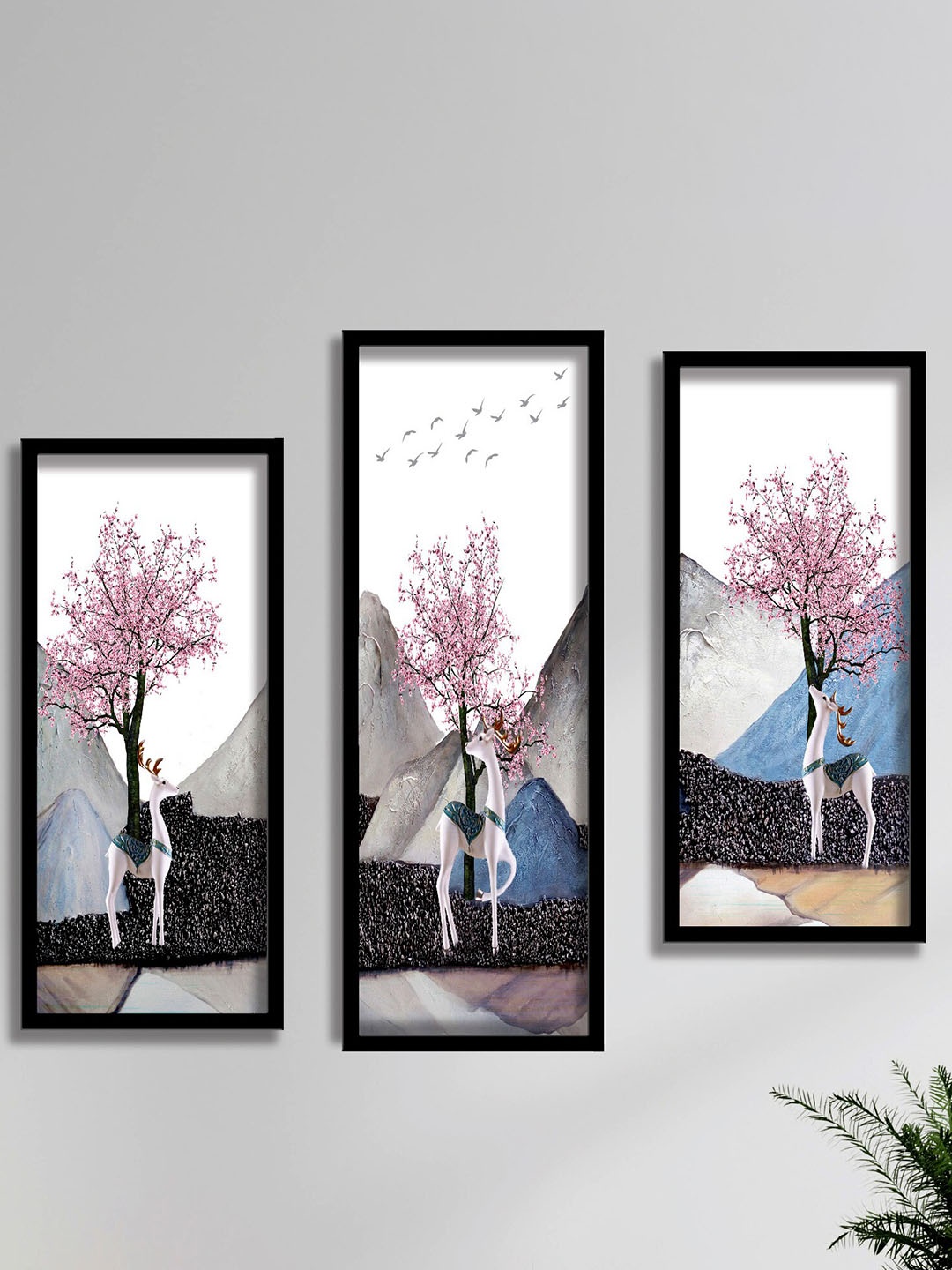 

SAF 3-Pcs White & Pink Deer & Tree Painting Wall Art