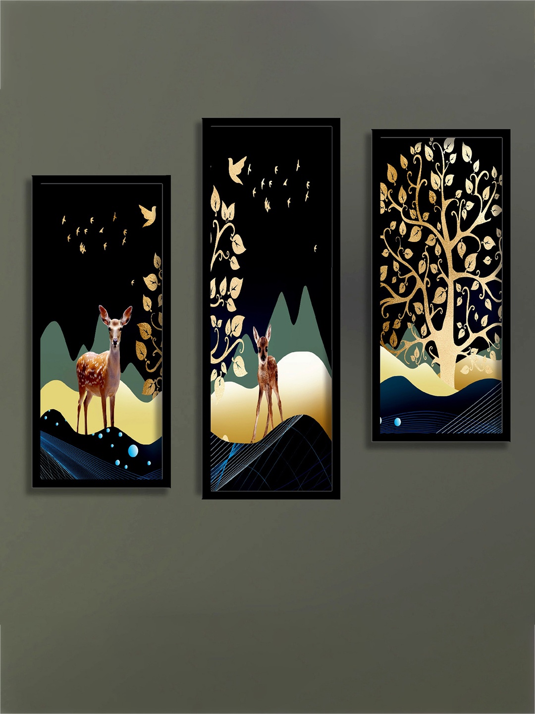 

SAF Black & Beige 3 Pieces Deer & Tree Painting Water Proof Wall Arts