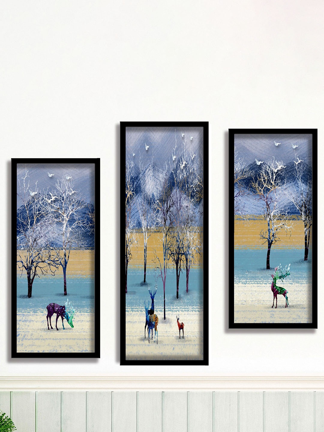 

SAF Blue & Grey 3 Pieces Deer And Tree Painting Water Proof Wall Arts