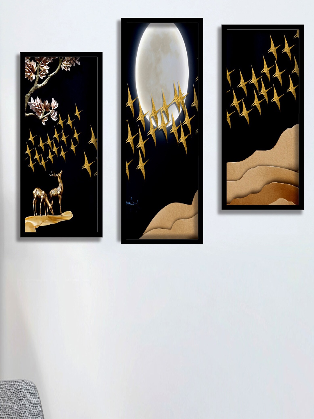 

SAF Black & Beige 3 Pieces Deer And Birds Painting Water Proof Wall Arts