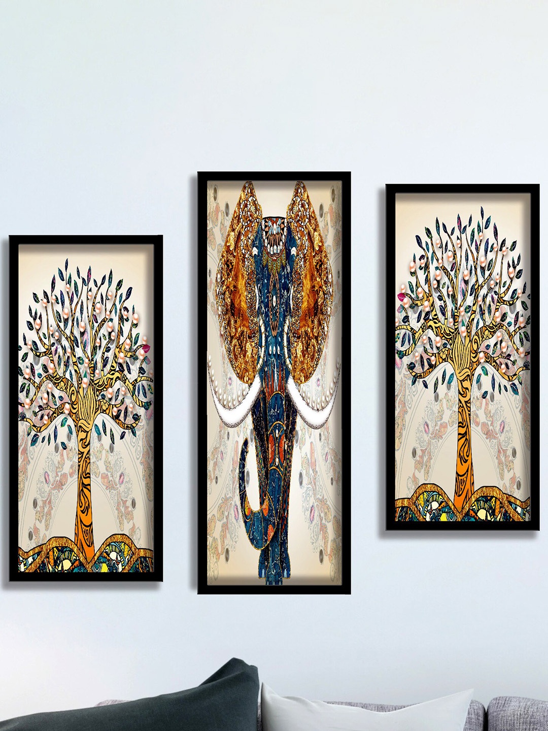 

SAF White & Blue 3 Pieces Elephant and Tree UV Coated Wall Art