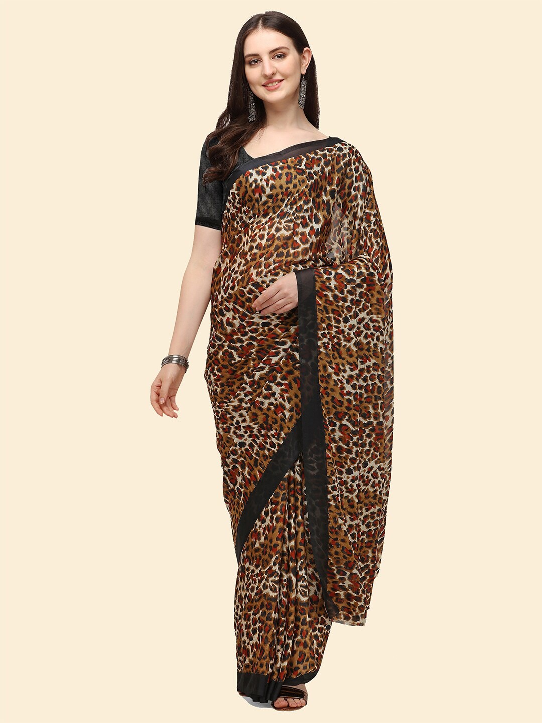 

Kasak Animal Printed Poly Georgette Saree, Brown
