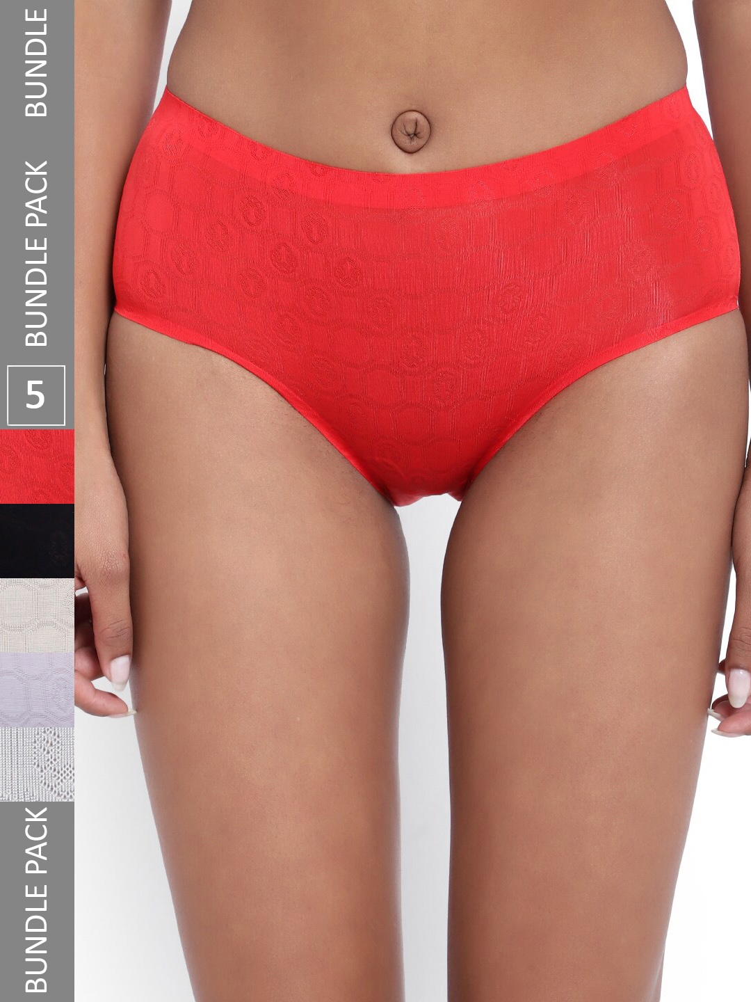 

PARKHA Women Pack Of 5 Assorted Self Design Seamless Anti Bacterial Hipster Briefs