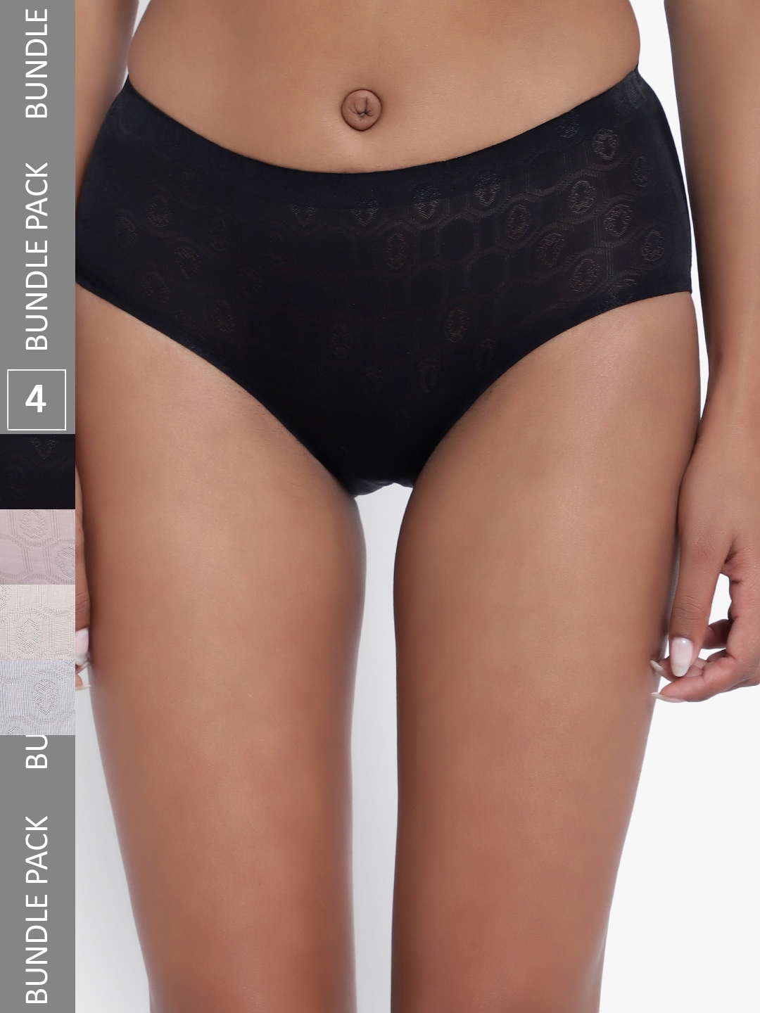 

PARKHA Women Pack Of 4 Assorted Self Design Seamless Anti Bacterial Hipster Briefs