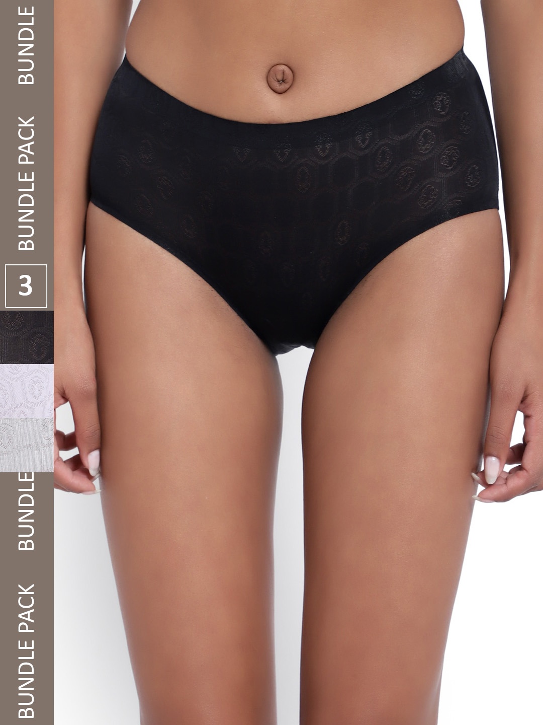 

PARKHA Women Pack Of 3 Assorted Self Design Seamless Anti Bacterial Hipster Briefs