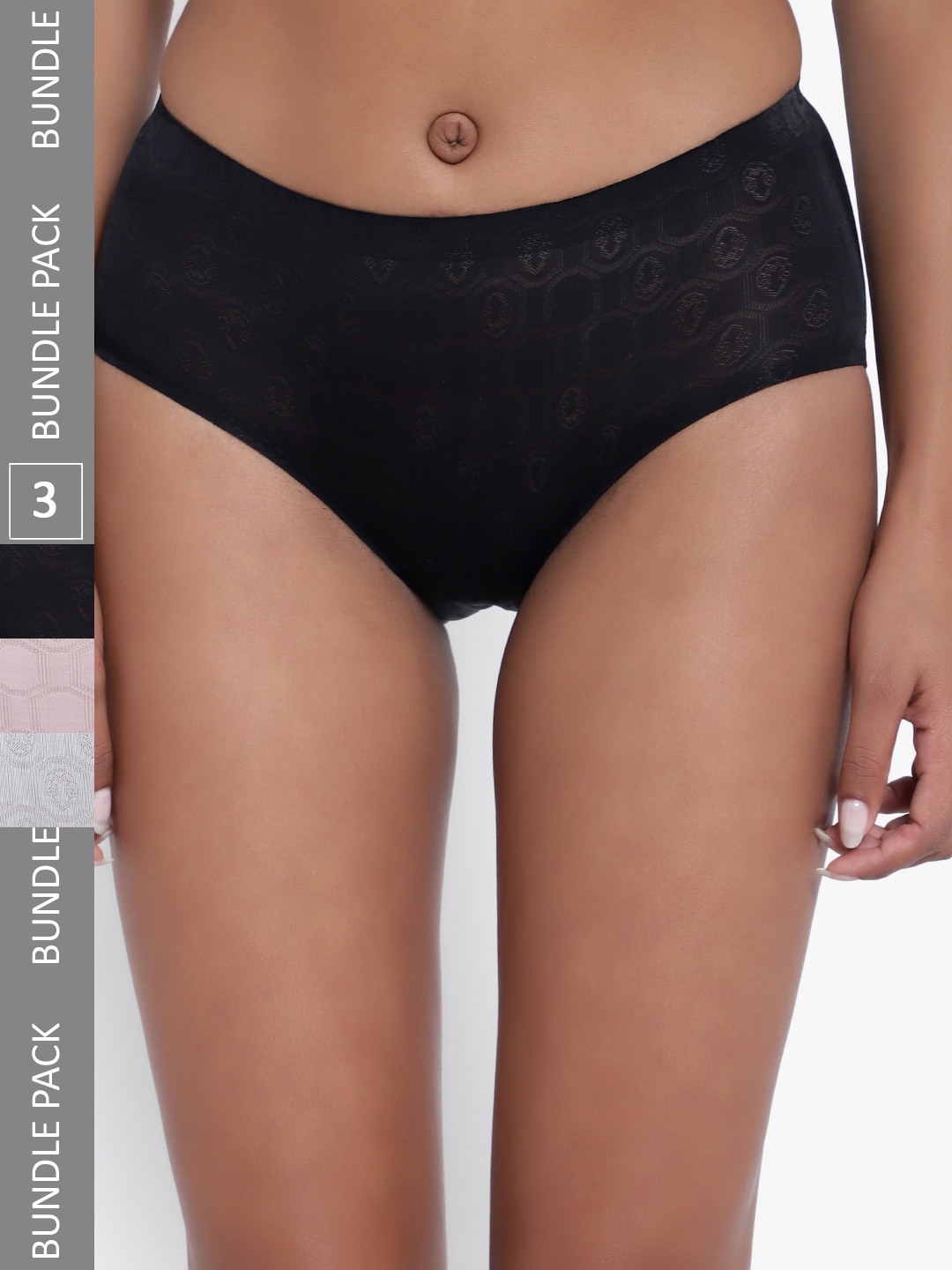 

PARKHA Women Pack Of 3 Assorted Self Design Seamless Anti Bacterial Hipster Briefs