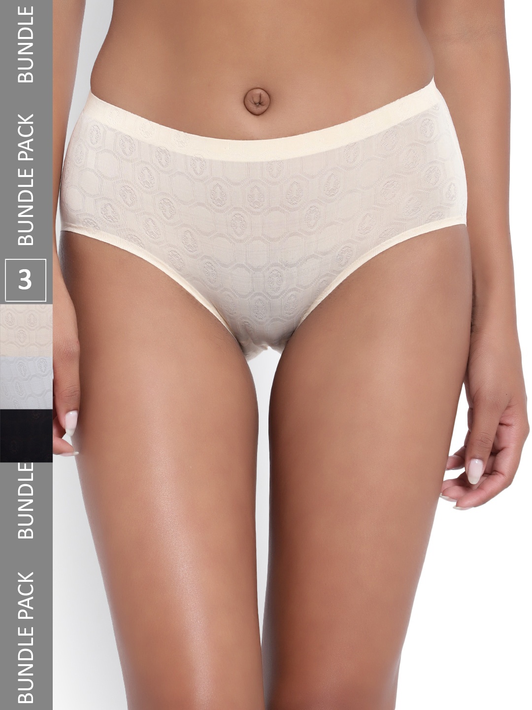 

PARKHA Women Pack Of 3 Assorted Self Design Seamless Anti Bacterial Hipster Briefs