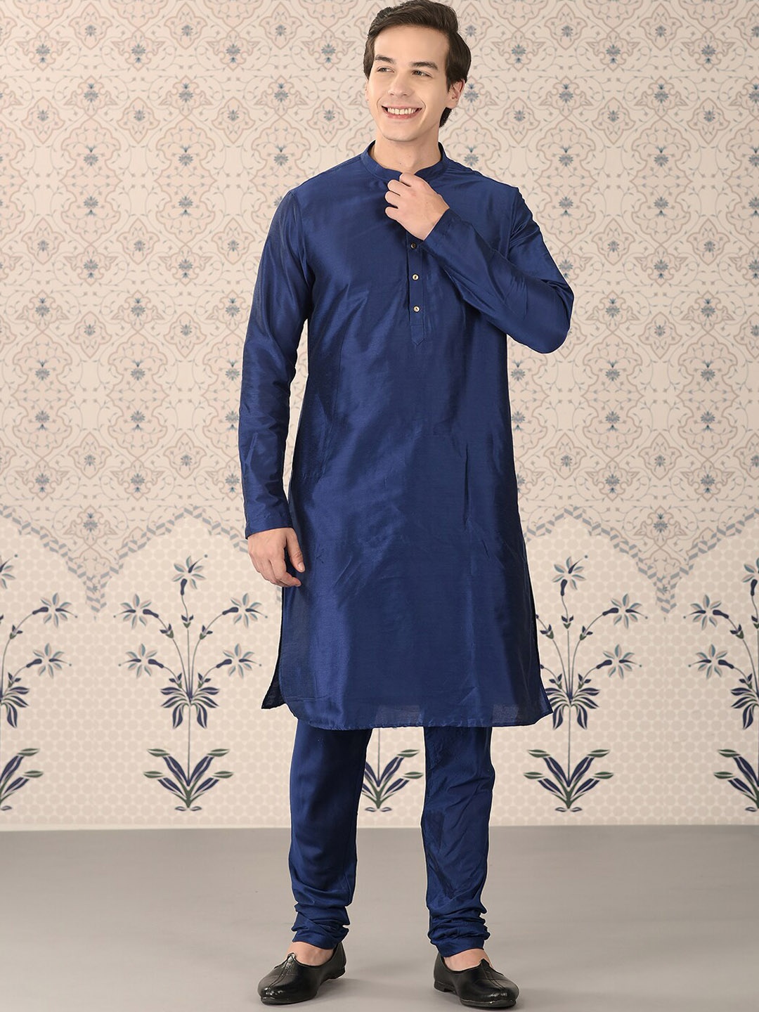 

Ode by House of Pataudi Navy Blue Mandarin Collar Kurta With Churidar & Nehru Jacket