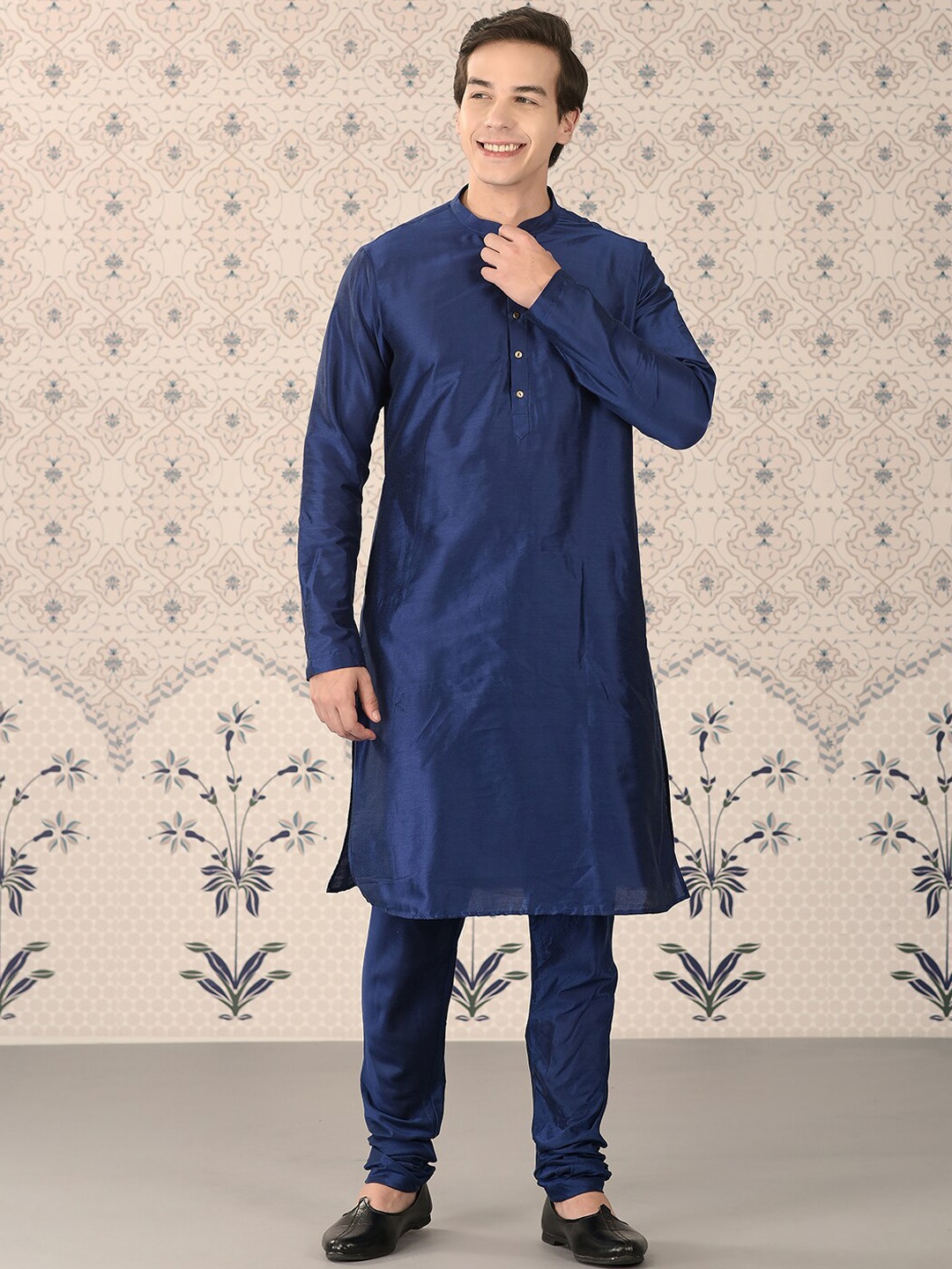 

Ode by House of Pataudi Navy Blue Mandarin Collar Kurta With Churidar & Nehru Jacket