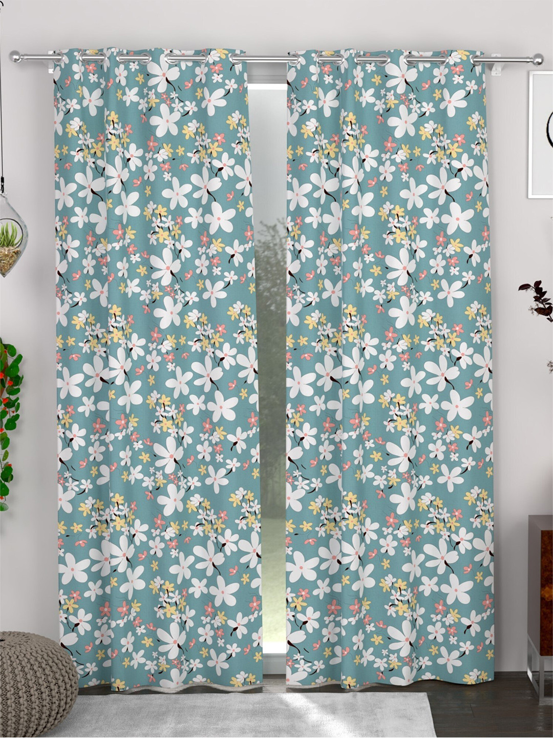 

CHHAVI INDIA Grey & White 2 Pieces Floral Sheer Door Curtains