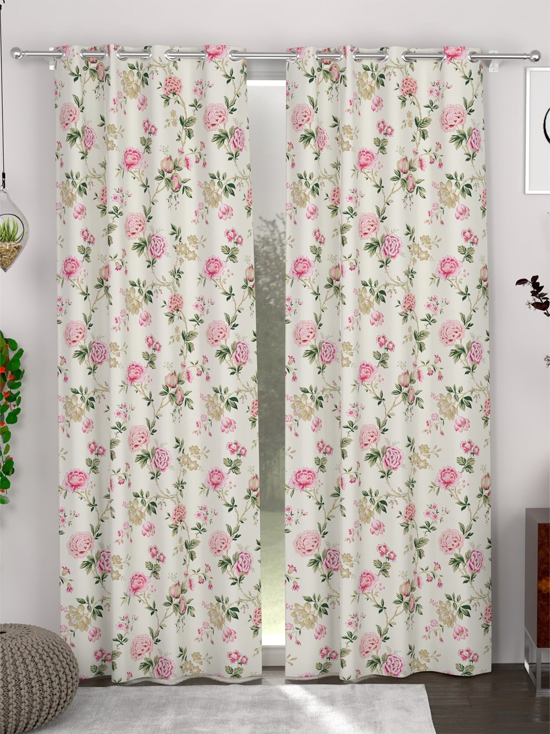 

CHHAVI INDIA White & Pink 2 Pieces Floral Sheer Door Curtains