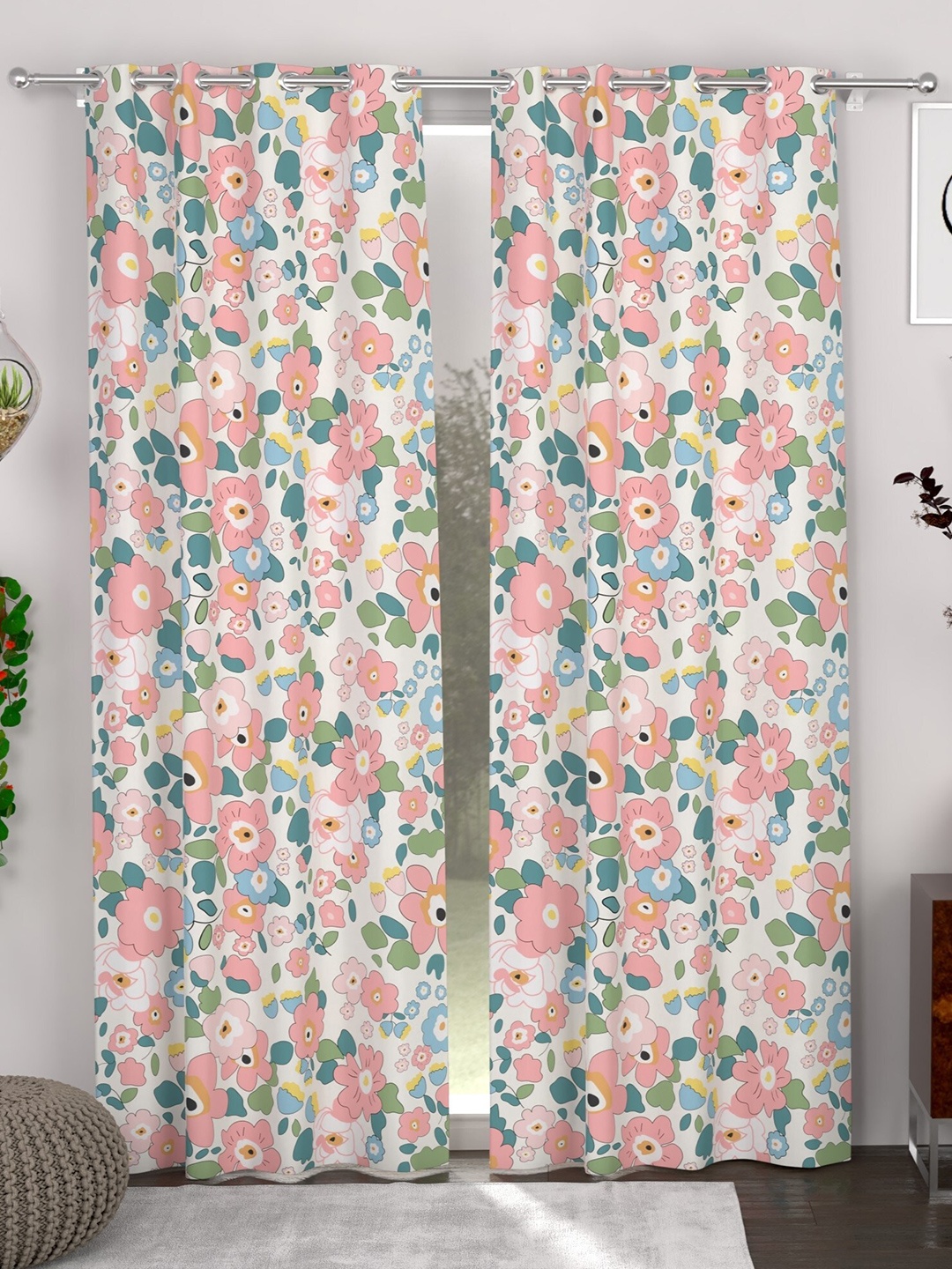 

CHHAVI INDIA White & Pink 2 Pieces Floral Sheer Door Curtains