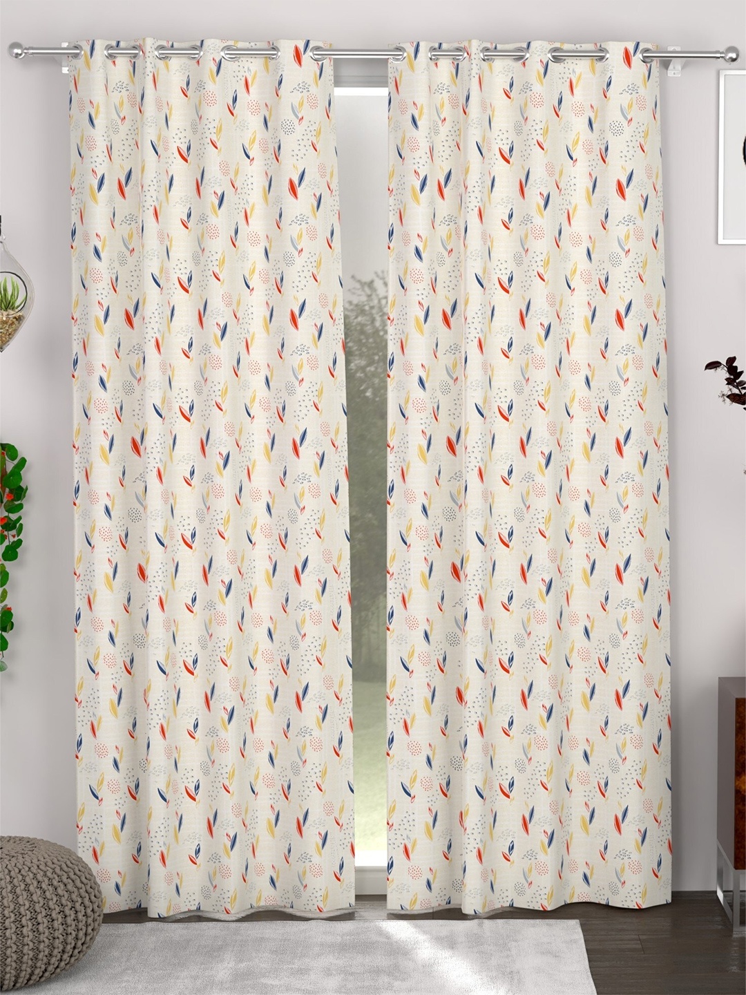 

CHHAVI INDIA Peach-Coloured & Red 2 Pieces Floral Sheer Door Curtains