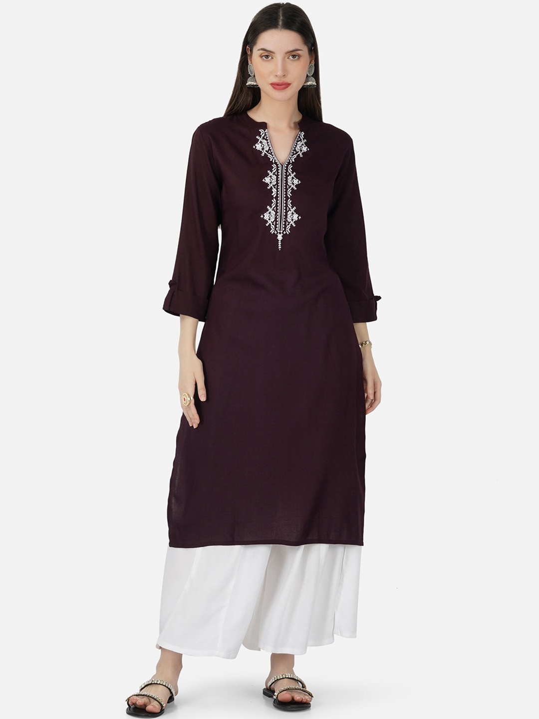 

SkyaSia Yoke Design Thread Work Mandarin Collar Kurta With Palazzos, Burgundy
