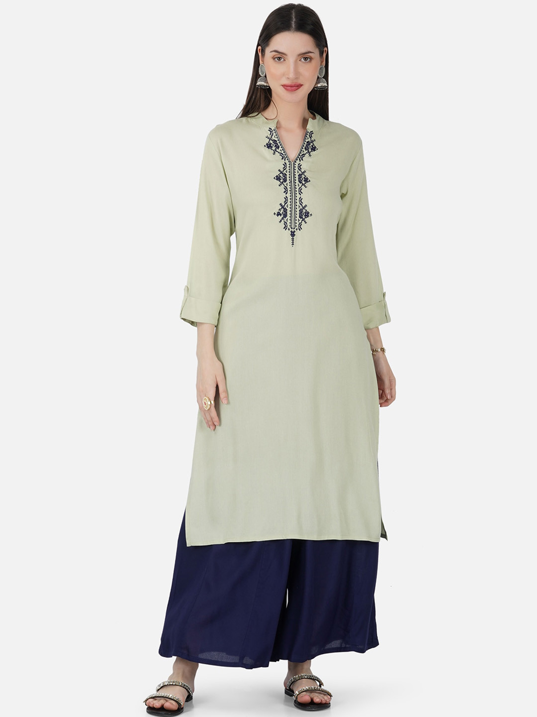 

SkyaSia Mandarin Collar Ethnic Motifs Embroidered Kurta with Palazzos, Green