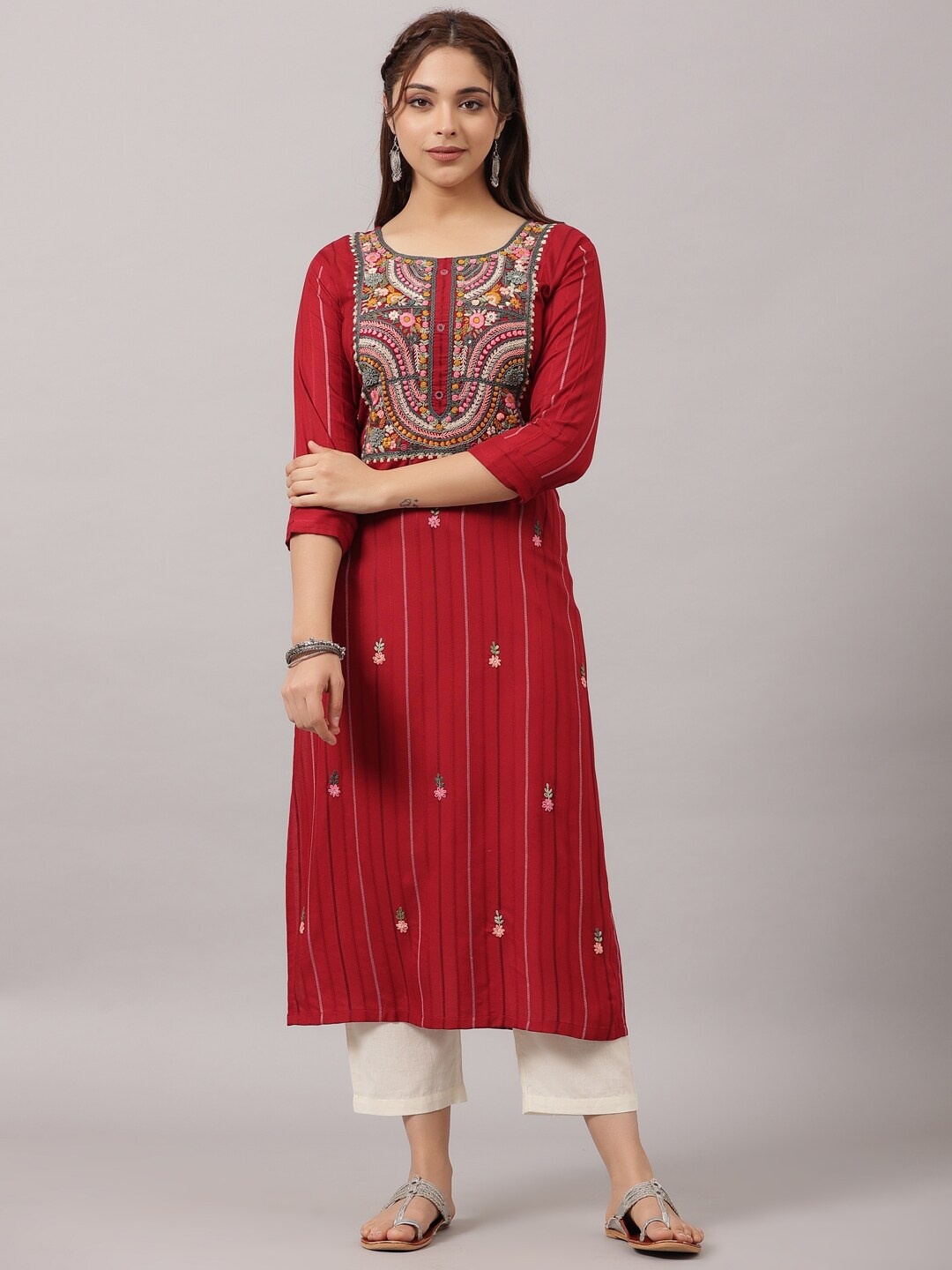 

Amchoor Floral Yoke Design Thread Work Kurta, Maroon