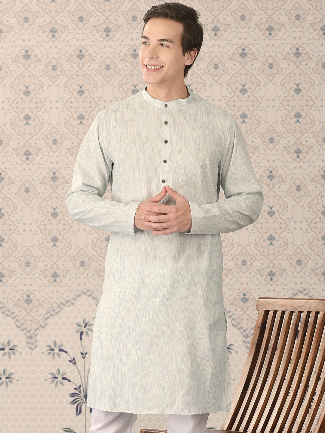 

Ode by House of Pataudi Blue Mandarin Collar Woven Design Straight Kurta