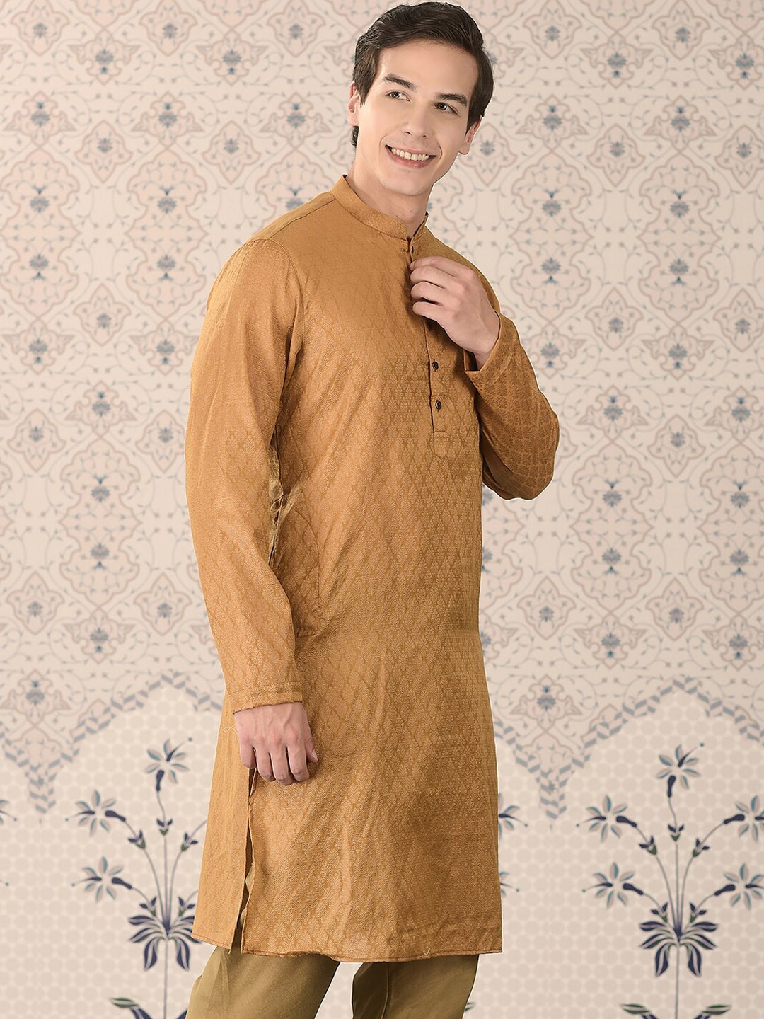 

Ode by House of Pataudi Mustard Yellow Mandarin Collar Woven Design Straight Kurta