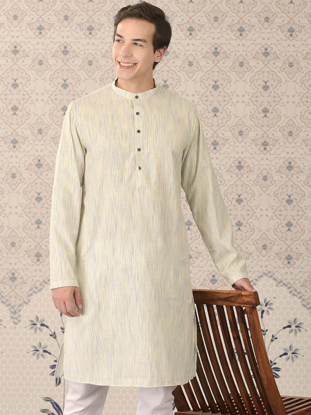 

Ode by House of Pataudi Green Mandarin Collar Woven Design Straight Kurta