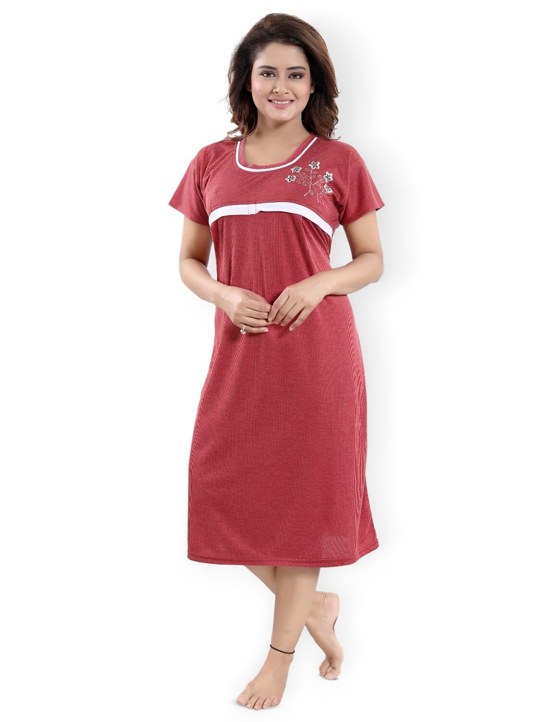 

Fabme Striped Maternity Midi Nightdress, Maroon