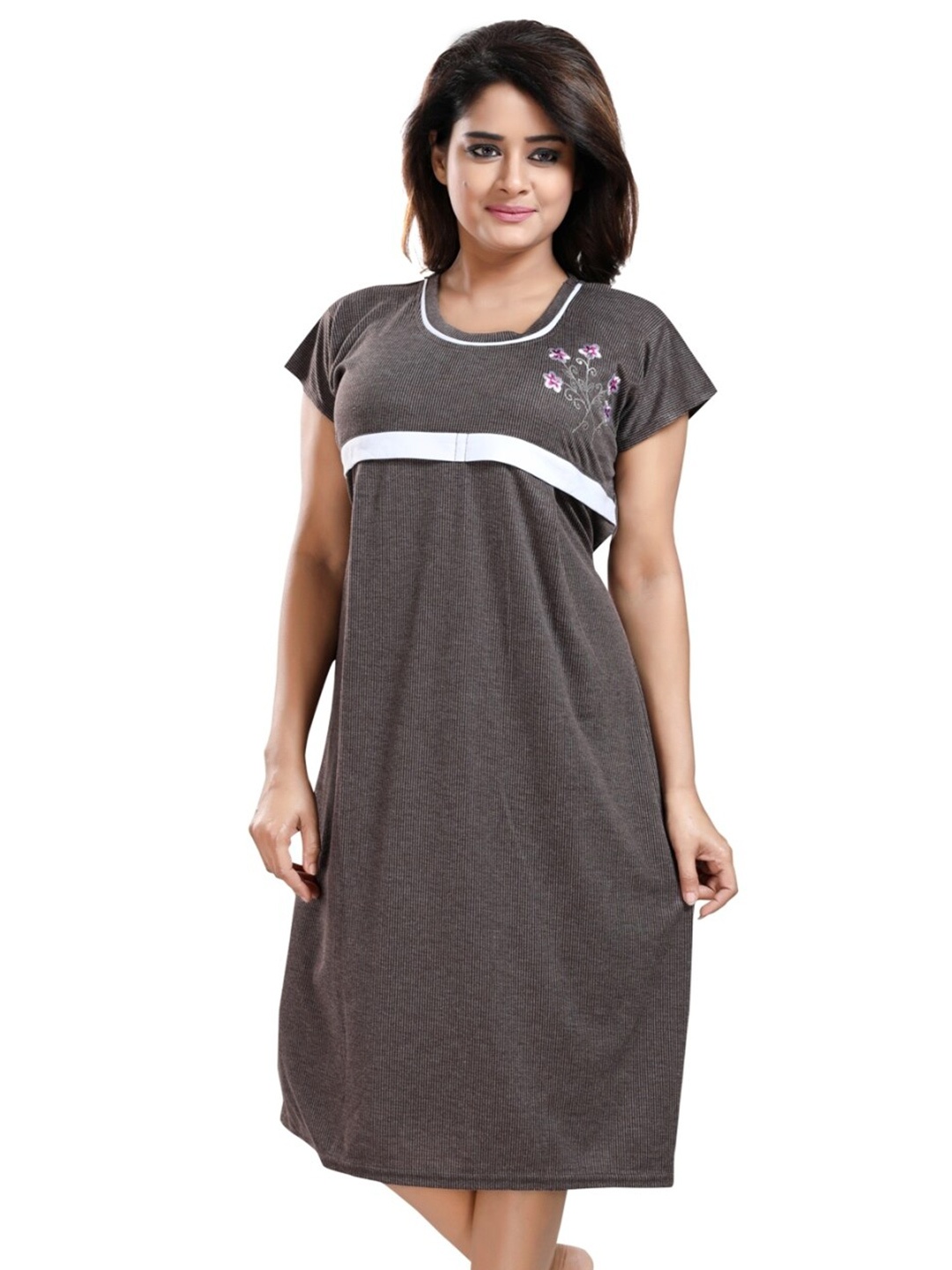 

Fabme Striped Maternity Midi Nightdress, Coffee brown