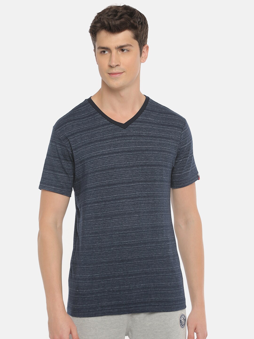 

Macroman M-Series Striped V-Neck Cotton Sports T-shirt, Navy blue