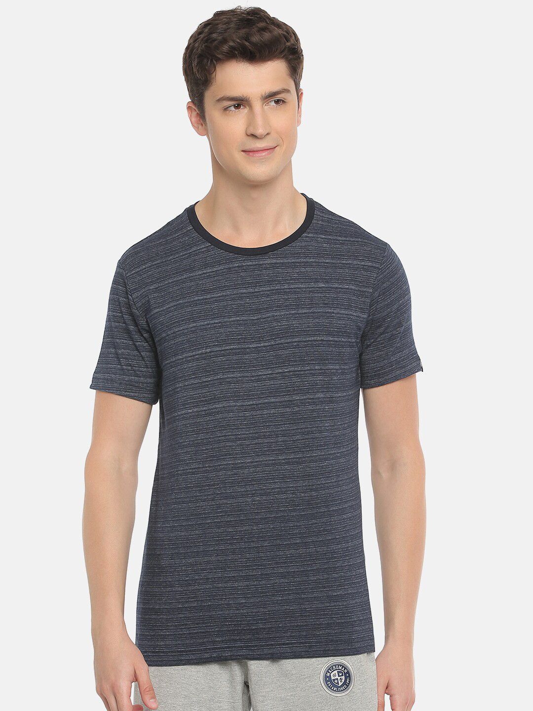 

Macroman M-Series Striped Round Neck Cotton Sports T-shirt, Navy blue