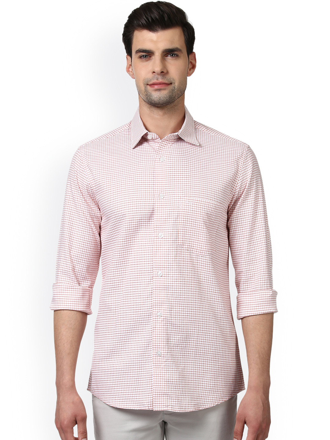 

ColorPlus Men Off-White & Red Tailored Fit Checked Casual Shirt