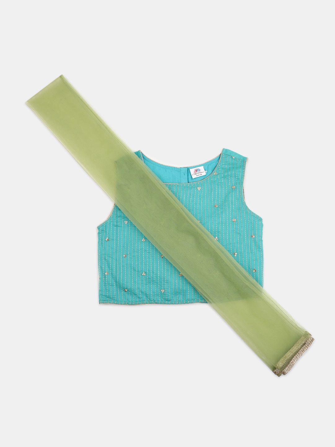 

V-Mart Girls Striped Sequined Cotton Crop Top With Dupatta, Green