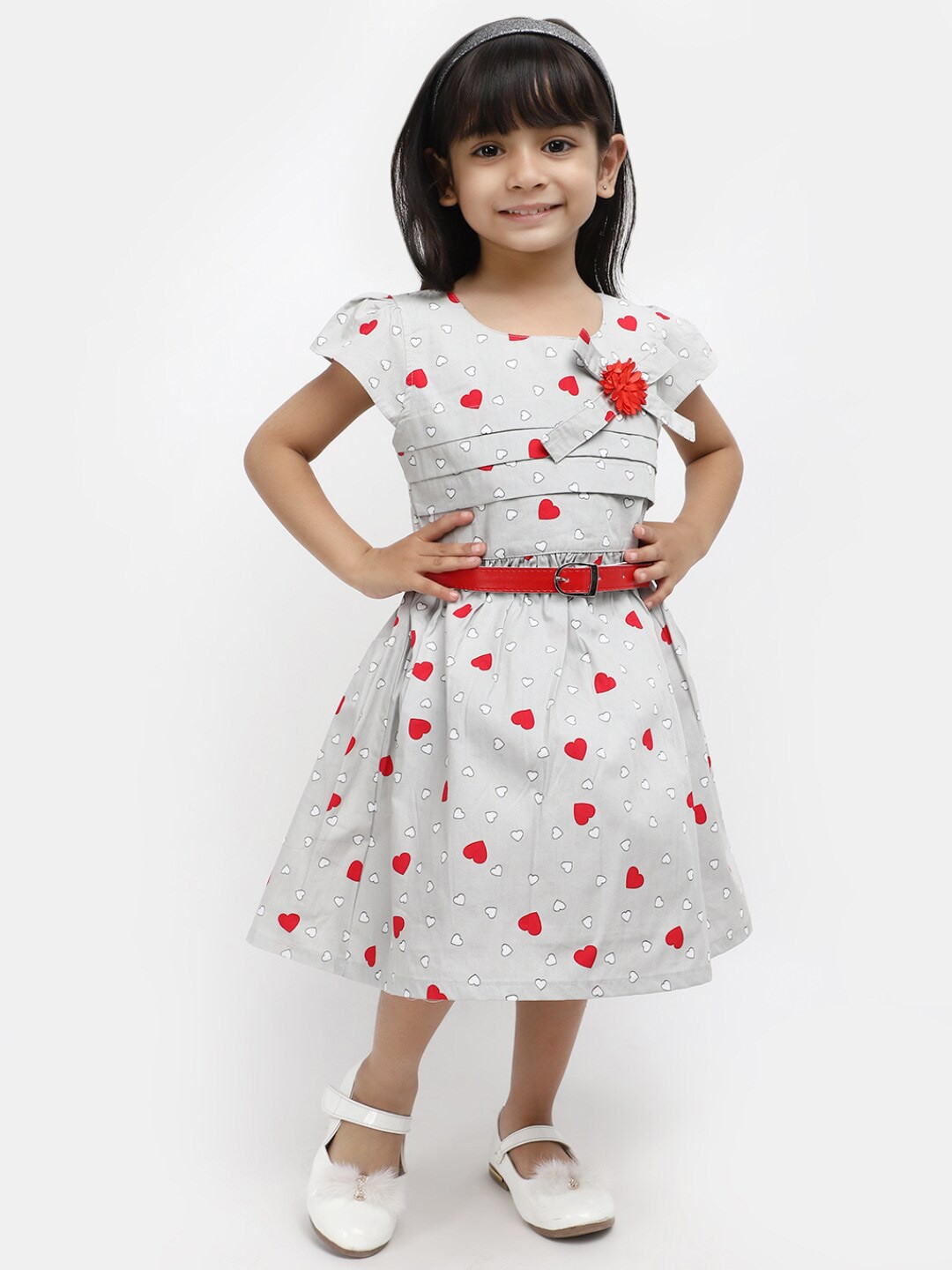 

V-Mart Girls Conversational Printed Cotton Fit & Flare Dress, Grey