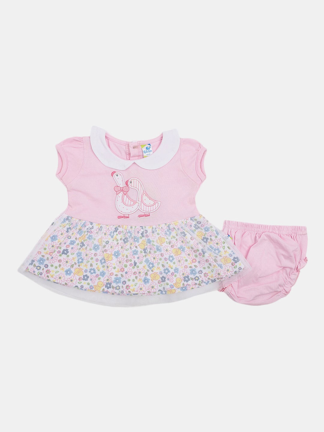 

V-Mart Infant Girls Floral Printed Peter Pan Collar Cotton A-Line Dress With Briefs, Pink