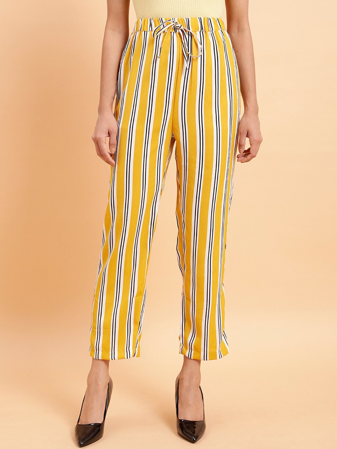 

MINT STREET Women Striped Regular Trousers, Yellow
