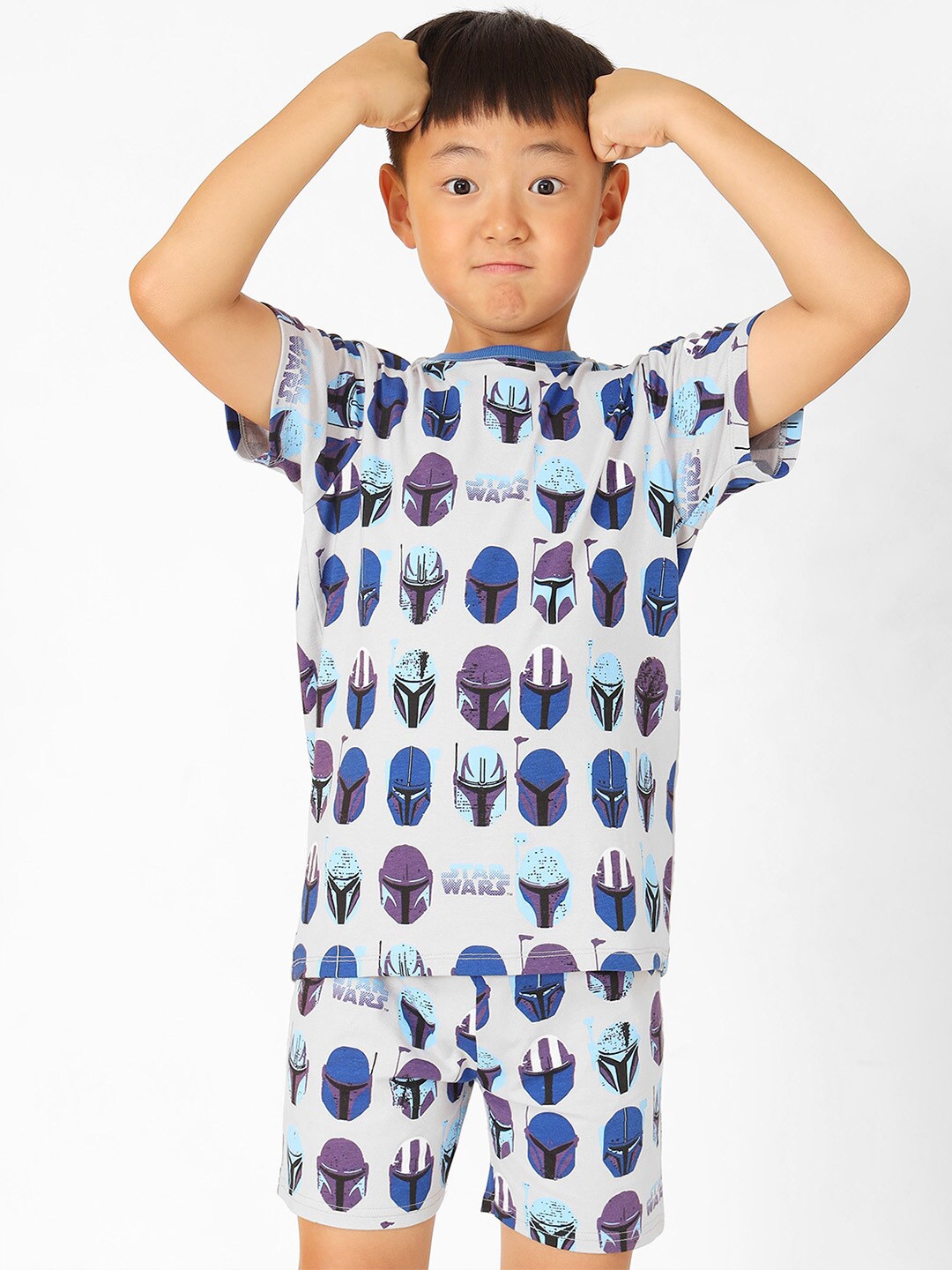 

BONKIDS Boys Printed Pure Cotton T-shirt with Shorts, Grey