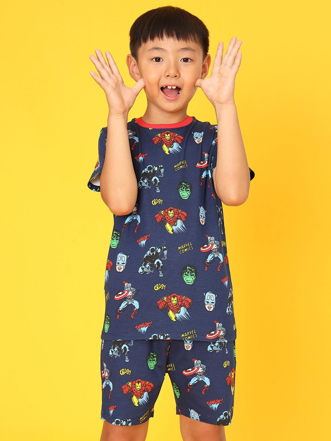 

BONKIDS Boys Printed Pure Cotton T-shirt with Shorts, Navy blue