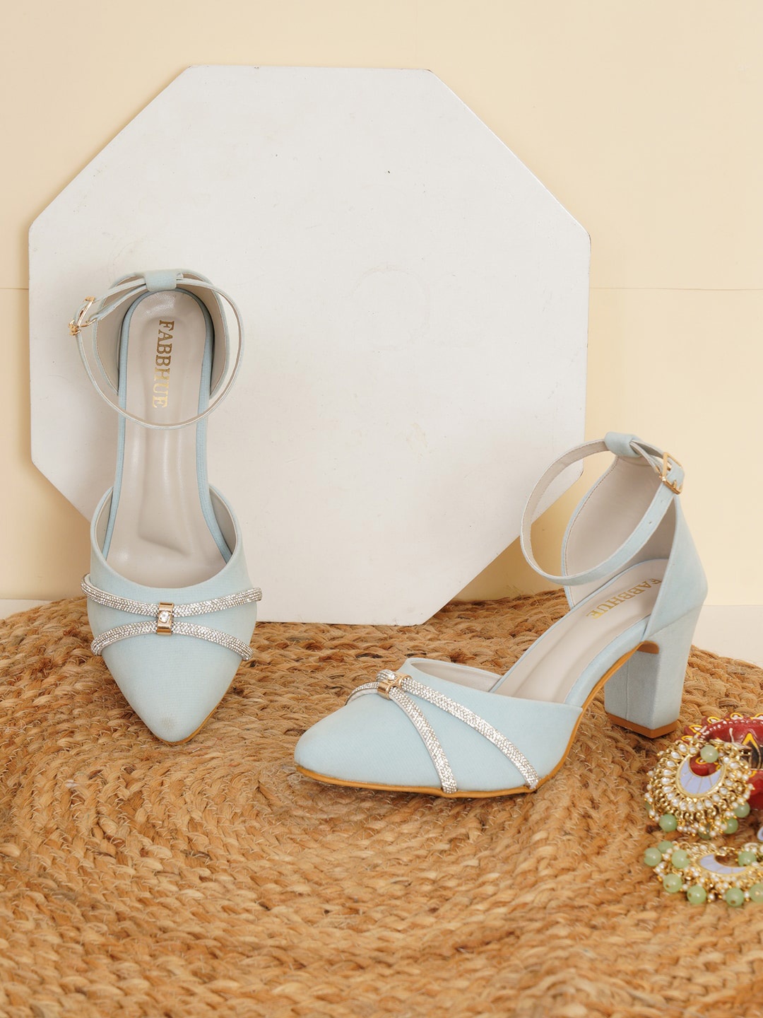 

FABBHUE Embellished Block Heel Pumps, Blue